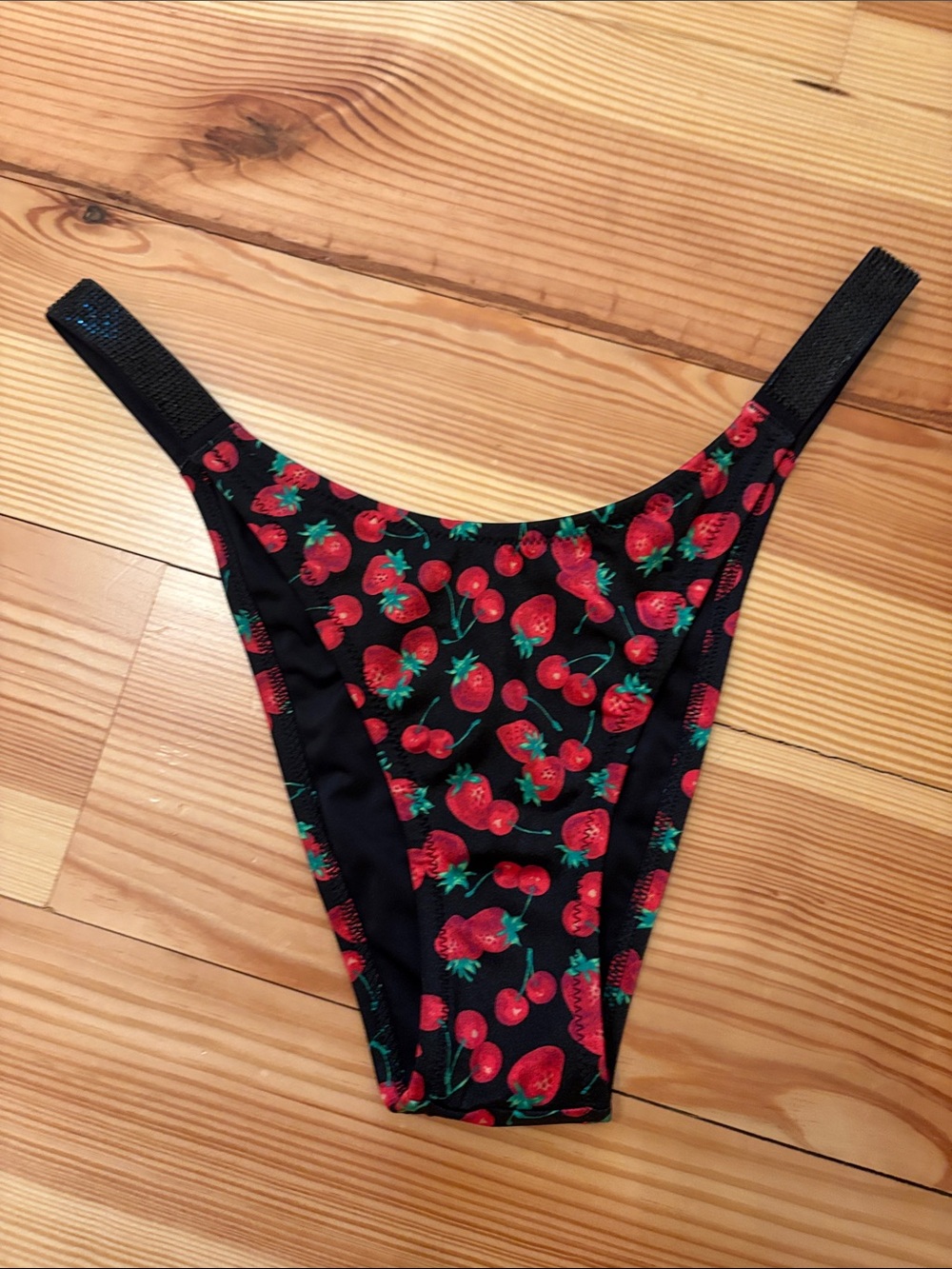 Victoria's Secret Black Bikini Bottom with Red Strawberry Print